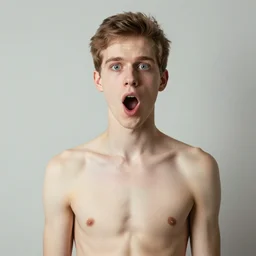 very white guy, very open mouth, very open white eyes, skinny, no shirt