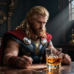 Thor staring sadly at a glass of whiskey, digital art