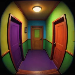 a colorful dimly lit, theater access corridor, 3 doors, 1 staircase, day of the tentacle style, fish eye, by Scott C