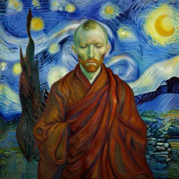 2 1 st century monk, silent, no talking, paranoia, symmetrical, concept art, intricate detail, volumetric shadows and lighting, psychedelic colors, vibrant, realistic oil painting by vincent van gogh
