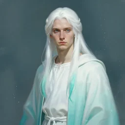 portrait of a 30 years tempest priest by Greg Rutkowski, d&d character, gradiant white and cyan, water efects on the background, highly detailed portrait,  digital painting, artstation, concept art, smooth, sharp foccus ilustration, Artstation HQ, by mucha
