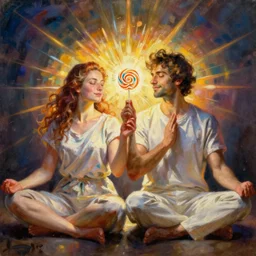 man and woman meditating with lollipop. painting by carle eric