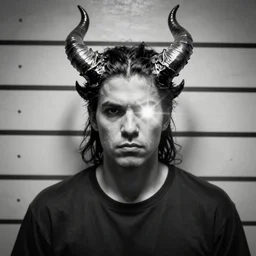 prison mugshot of diablo the lord of destruction, bright flash, black and white, demonic horns, inspired by 8 k octane render, soft vignette, grim expression, realistic, low saturation, nypd, diablo 2