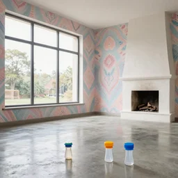 colour 3 5 mm, empty enteral, big open shiny concrete floor, big windows, beautiful pastel batiks wallpapers, wall stucco, fire place