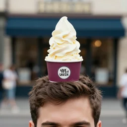 photo of ice cream on a guy's head