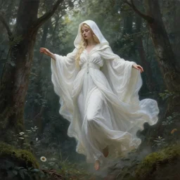 the goddess of memory descending over a forest, white hood, blonde, fantasy, magical, realistic and detailed, spiritual, supernatural, intricate, elegant, highly detailed, digital painting, trending on artstation, by wlop, 4 k octane render