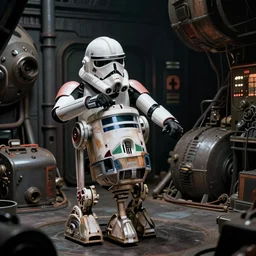film still from star wars, ig - 1 1 assassin droid working in a dimly lit industrial junk engine room. interior set design photograph by gilbert taylor 2 0 4 9