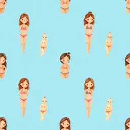 wallpaper seamless pattern of little beautiful women in bikini in various poses, blue background