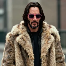 film still of Keanu Reeves as Tyler Durden wearing big fur coat and pink sunglasses in Fight Club 1999