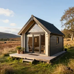 ultra wide angle photograph of cozy hygge tiny cabin with elegant fancy architecture in idyllic cozy scottish field, sunny