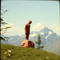 vintage color photo of a small henry moore terracotta sculpture in the middle of a mountain, image by werner herzog