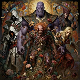 the platonic ideal of flowers and rot of cletus kasady ultimate carnage thanos dementor doctor manhattan chtulu nazgul assassins creed, detailed, intricate, hyperrealism, intense, scary, decay, dmt, art by brock hofer and artgerm and greg rutkowski and alphonse mucha