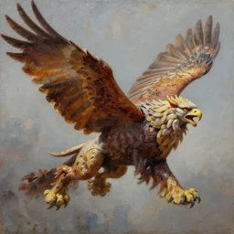 highly detailed oil painting of a majestic griffin in flight, thick paint and visible brush strokes, 4 k resolution