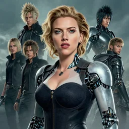 a fancy portrait of a Scarlett Johansson as half human half robot by Greg Rutkowski, Sung Choi, Mitchell Mohrhauser, Maciej Kuciara, Johnson Ting, Maxim Verehin, Peter Konig, final fantasy , mythical, 8k photorealistic, cinematic lighting, HD, high details, atmospheric,