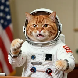 1 9 8 0's color photo of angry ginger cat in spacesuit giving public speeches