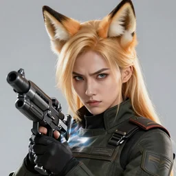 close up of evil futuristic dystopian regime soldier, plasma gun, angry, blonde hair with fox ears, fluffy fox ears, human, female, concept design, contrast, hot toys, kim jung gi, greg rutkowski, zabrocki, karlkka, jayison devadas, trending on artstation, 8 k, ultra wide angle, pincushion lens effect, red and black color scheme