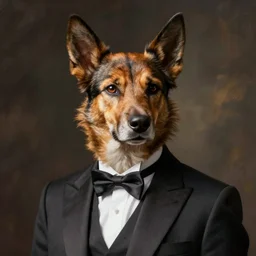 man in formal suit with face of dog