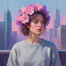 a mostly realistic painting of a woman with pink and purple flowers in her hair, wearing a grey sweatshirt, trending on artstation, light and shadow, solarpunk, techno poster, skyscrapers in the background, slightly psychedelic, manifold of alternative possibilities