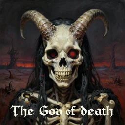 A beautiful detailed aesthetic horror portrait painting titled 'The God of death' description 'Horned face with scales and bones shimmering' by Takashi Murakami and Wayne Barlowe, the desolate plains of hell in the background, Trending on cgsociety artstation, 8k, masterpiece, highly detailed.