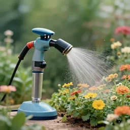 a machine watering flowers in the future, airbrush painting, 8 k, detailed, 1 9 8 0 s,