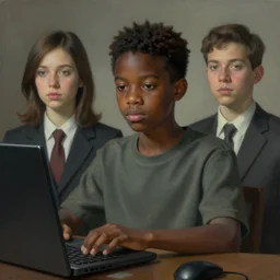 portrait of black teenager programming the matrix - in the style of surrealism - art, by wlop, james jean, victo ngai! muted colors, very detailed, art fantasy by craig mullins, thomas kinkade cfg _ scale 8