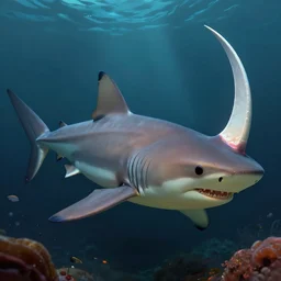 a fork - head shark, a shark with a fork shaped head. volumetric lighting, detailed painting, strange marine animal, art