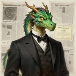 anthropomorphic art of a businessman dragon, green dragon, portrait, victorian inspired clothing by artgerm, victo ngai, ryohei hase, artstation. fractal papers, newspaper. stock certificate, highly detailed digital painting, smooth, global illumination, fantasy art, jc leyendecker