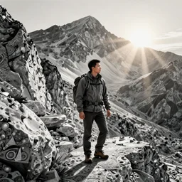 asian man, hiking in rocky mountain, sunrays, intricate, elegant, digital painting, highly detailed, artstation, sharp focus, illustration, ruan jia, aleksi briclot, rutkowski