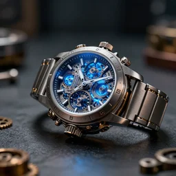 complex 3 d render of a futuristic steampunk watch lying on a table, high detail, sharp focus, glowing blue interior components, intricate detail, depth of field, bokeh, cinematic lighting and composition, octane render, film grain, bulgari