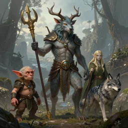 beautiful epic fantasy D&D art, a satyr, a goblin, a dwarf, an elf, and a wolf.  epic art by Donato Giancola and James Gurney, digital art, trending on artstation