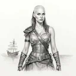 A beautiful female warrior on a pirate ship at a deserted island, faded sides, realism pencil drawing on white paper, bald lines