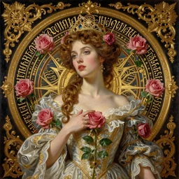 hyper realistic painting portrait of the princess of roses, occult diagram, elaborate details, rococo, baroque, gothic, intrincate ornaments, gold decoration, caligraphy, occult art, illuminated manuscript, oil painting, art noveau, in the style of roberto ferri and gustav moreau