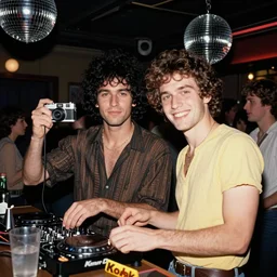 photo of homoerectus as dj and bartender in 8 0 s disco club. they look at the camera and smile. in crowded pub. flash from the camera. kodak etkar 1 0 0