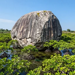 giant rock, swamp, mangrove, bog, intricate, elegant, highly detailed, wide angle perspective view, vivid colors, john park, frazetta, sparth, ruan jia, jeffrey catherine jones