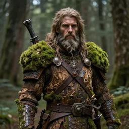 A forest druid wearing armor made of wood and moss. Fantasy art, portrait, 8k resolution, extremely detailed