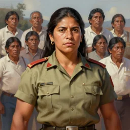 epic portrait of muscular rigoberta menchu wearing short sleeved uniform explaining, guatemalan people for background, detailed, digital painting, artstation, concept art, donato giancola, joseph christian leyendecker, wlop, boris vallejo, breathtaking, 8 k resolution, extremely detailed, beautiful, establishing shot, artistic, hyperrealistic, beautiful face, octane render