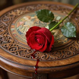 a single red rose is on a wooden table with intricate carved filigree and drops of blood, close up view, dramatic lighting, DOF, soft, sharp focus, art nouveau, intricate artwork by artgerm and Raymond Swanland and Ruan Jia and Greg Rutkowski