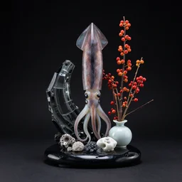 sculpture of a squid and berries, ikebana flower arrangement, photorealistic, centred, black background, obsidian and glass and pumice and porcelain, zen, trending on artstation