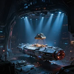 sci - fi landscape dark spaceships docking heavy industrial, neon spotlights, spaceship cargo freighters, cargo loading cranes fantasy, sci - fi, cyberpunk - style by wadim kashin