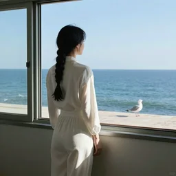 A woman looks out the window, the ocean behind her, a seagull, the sky. She is in a pantsuit, white, she has long hair braided, black, Edward Hopper style