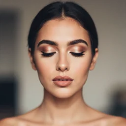 beautiful female portrait, latina, rule of thirds, ( ( head shot ) ) haze, intricate, symmetrial, makeup, sephora, eyes closed, octane render, film grain, vsco, bokeh, 8 k, unreal engine