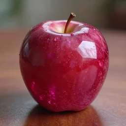 There is an apple sitting on a table, it is made of reflective ruby crystal.