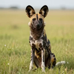 an african wild dog sitting on the african plains, friendly, long grass, sparkling water, glistening, hyper realistic, hyper detailed, digital art, trending in artstation, cinematic lighting, studio quality, smooth render, unreal engine rendered, octane rendered, by paul lehr