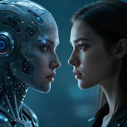 face to face with a cybermonster, portrait of a beautiful woman, high detail, partially in shadow, cyberpunk vibe, face, by gaston bussiere, bayard wu, greg rutkowski, auguste bourotte, bastien deharme, masterpiece, sharp focus, cinematic lightning