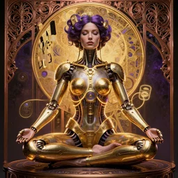 photo of a beautiful female meditating steampunk cyborg, is connected with glowing devices, golden glowing outlines, meaningful artwork by james jean, realistic gold and purple metallic, jean delville, art nouveau, gustav klimt, ornate copper patina gothic icon, james jean, ultrasharp hyperdetailed photorealistic octane render