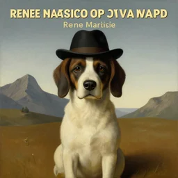 a rene magritte painting of a dog wearing a hat, mountains in the background, award winning painting, detailed, surreal, symmetrical, clean, smooth, aesthetic