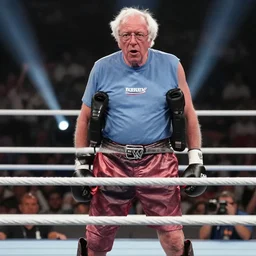 photo still of bernie sanders in the ring at wwe wrestlemania 3 6!!!!!!!! at age 7 8 years old 7 8 years of age!!!!!!! posing on top turn buckle, 8 k, 8 5 mm f 1. 8, studio lighting, rim light, right side key light