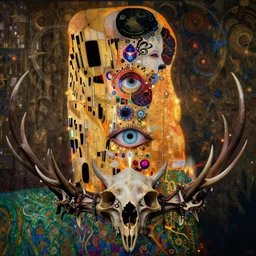 The Crown of Bones by Karol Bak, Jean Deville, Gustav Klimt, and Vincent Van Gogh, mystic eye, otherworldly, crown made of bones, antlers, horns, ornate jeweled crown, skull, fractal structures, arcane, inferno, inscribed runes, infernal relics, ornate gilded medieval icon, third eye, spirals, rich deep moody colors