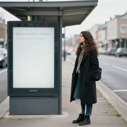 a woman standing next to bus station.
