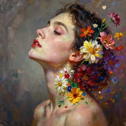 A ultradetailed beautiful portrait panting of a stylish woman with a colorful explosion of flowers coming out of her neck, Oil painting, by Ilya Kuvshinov, Greg Rutkowski and Makoto Shinkai